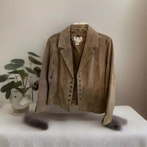 Women's Petite Large Tan Faux Suede Leather Jacket by Live a Little. Pristine!